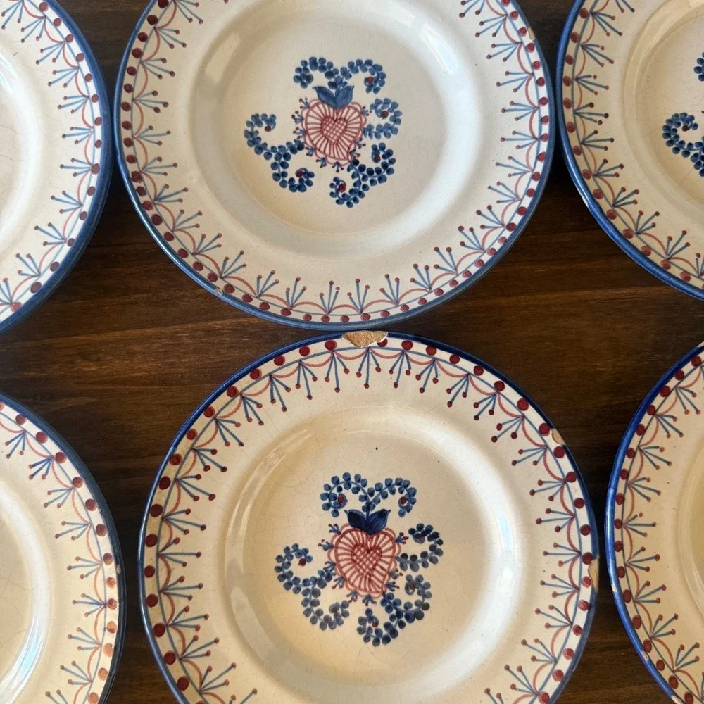 6pc Vintage VL Lisboa Portugal Faience Salad Plates Set of 6 Folk Art 6460